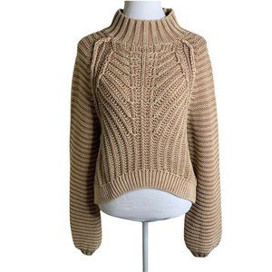 Free People Beige Mock Neck Chunky Knit Oversize Balloon Sleeve Sweater S NWT